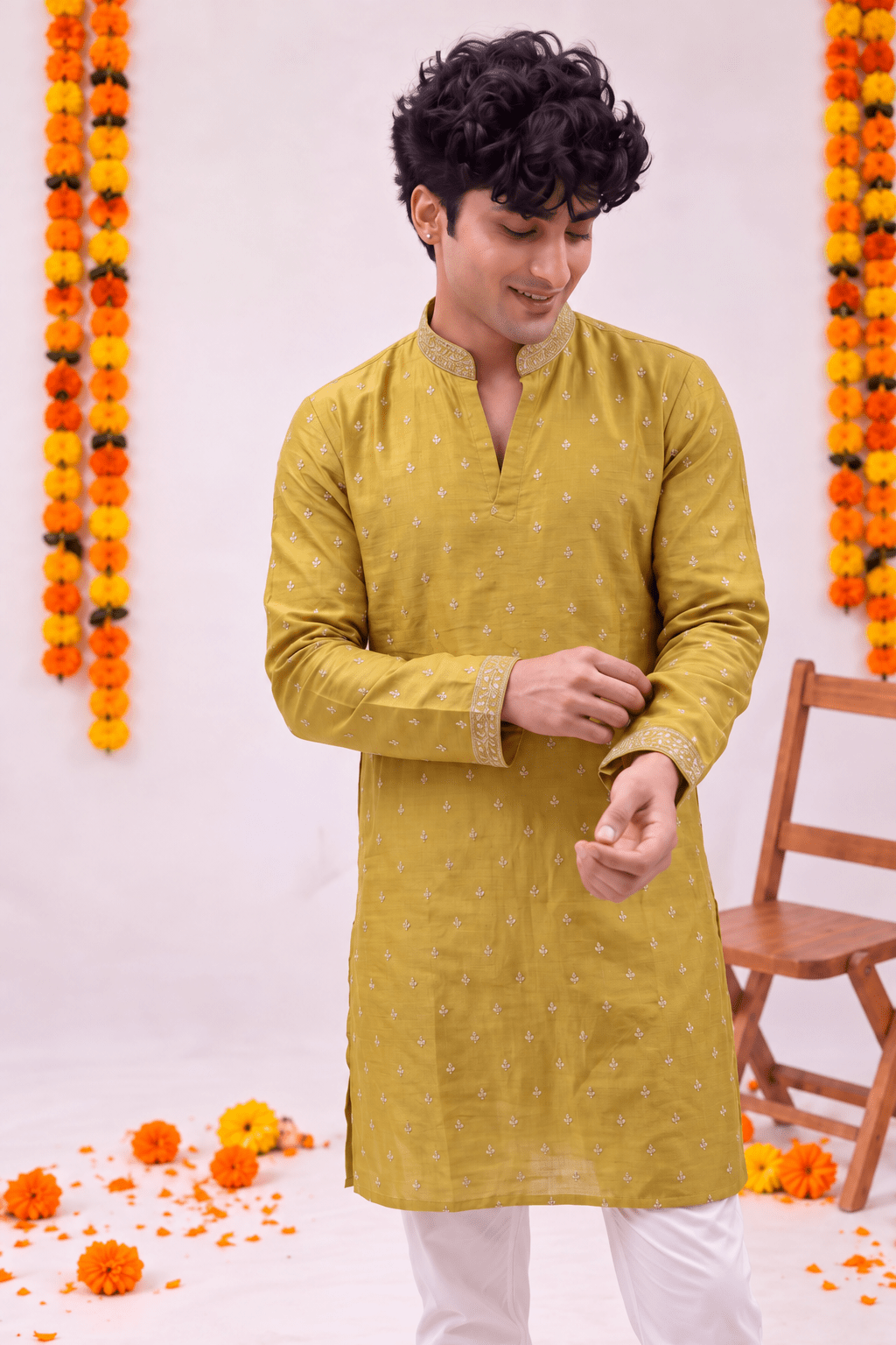 Mustard Green Zari Work – Textured Designer Long Kurta - Jaipuri Crown