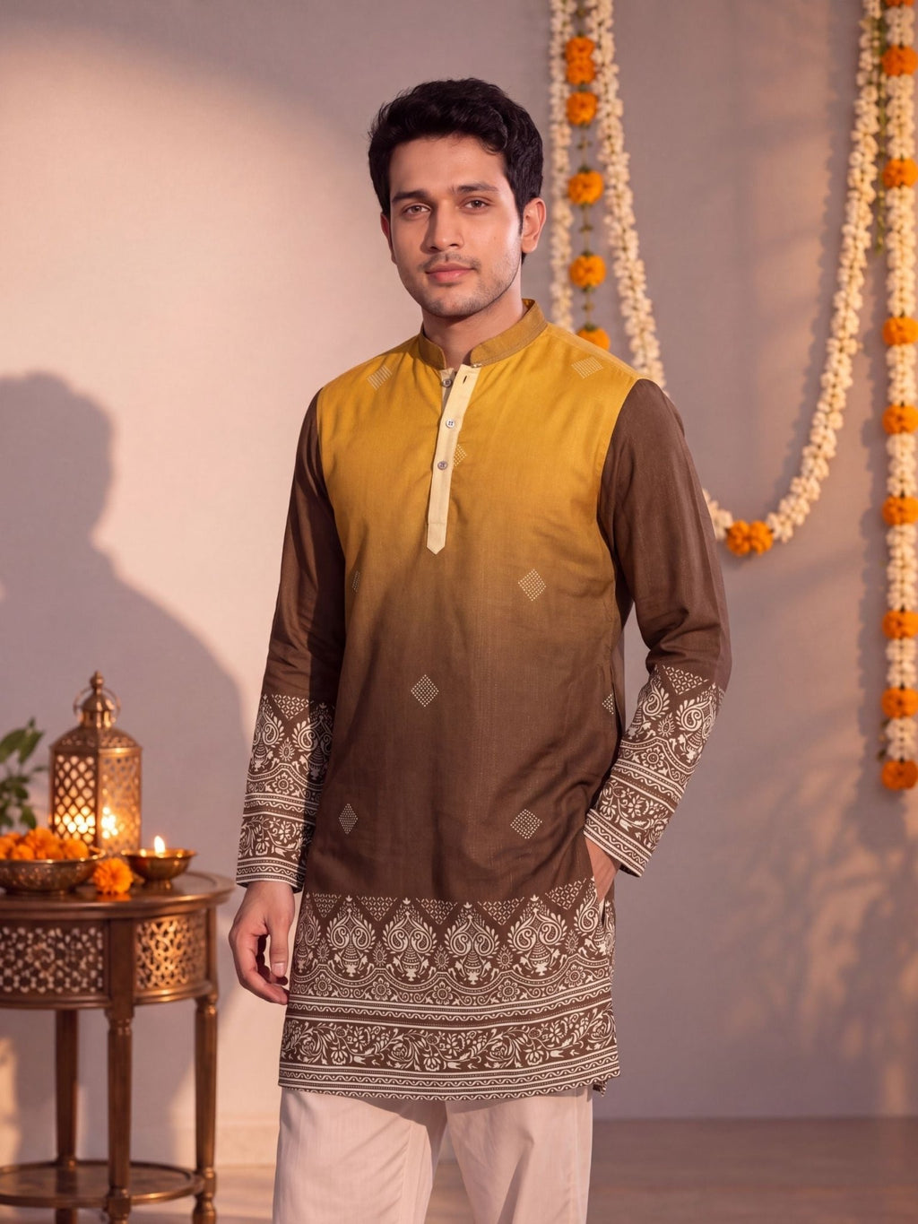 Mustard Ombre – Slub Printed Long Kurta - Jaipuri Crown