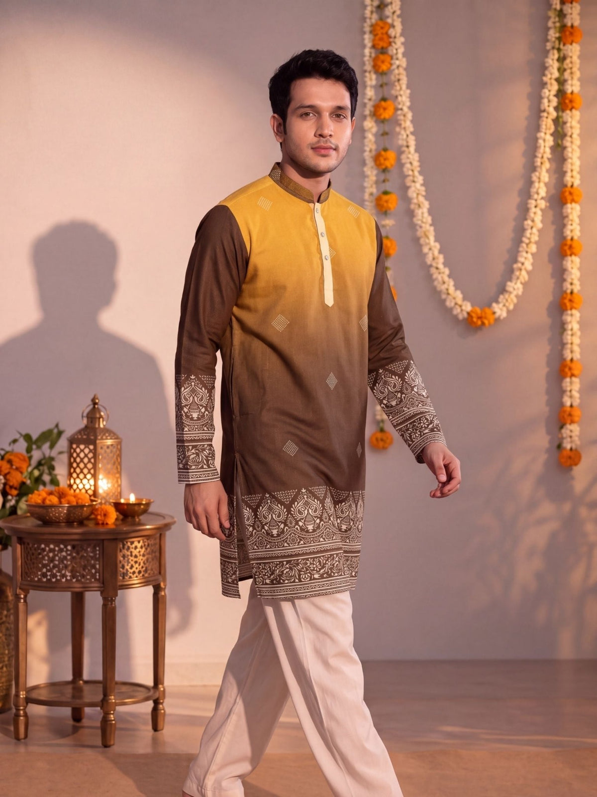 Mustard Ombre – Slub Printed Long Kurta - Jaipuri Crown