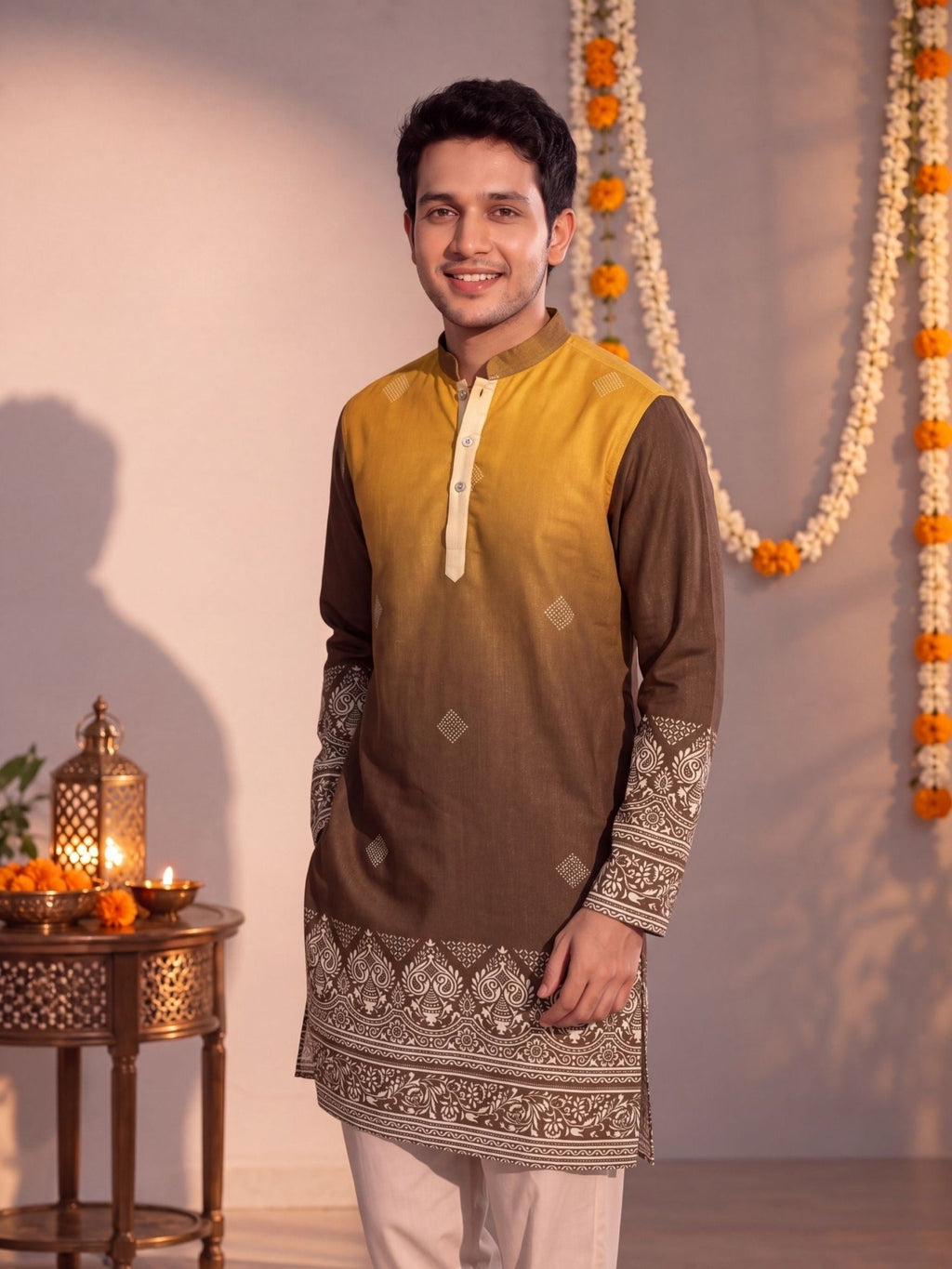 Mustard Ombre – Slub Printed Long Kurta - Jaipuri Crown