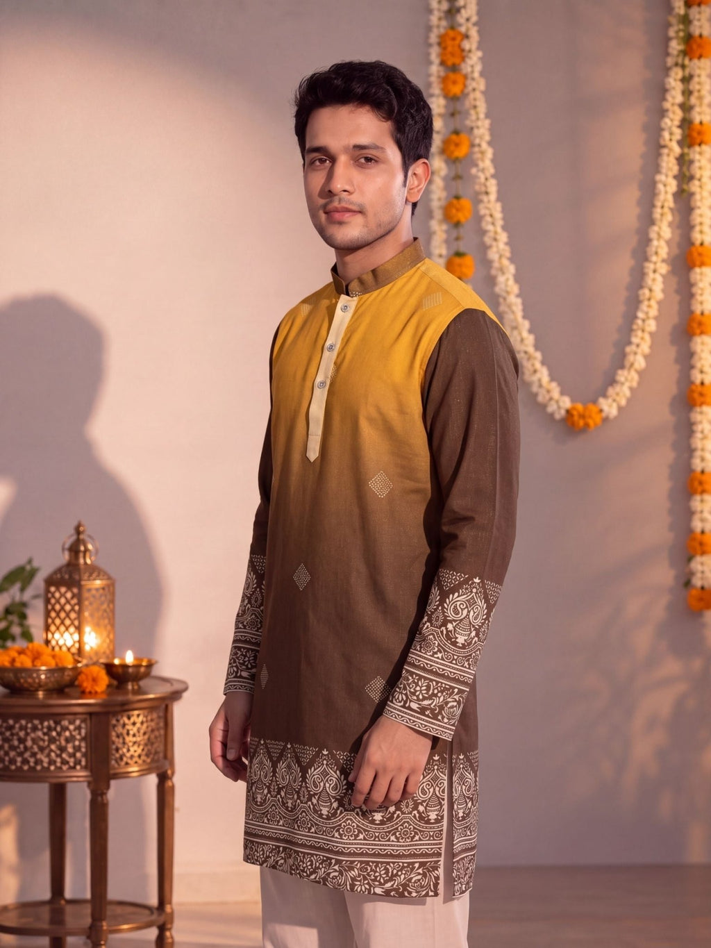 Mustard Ombre – Slub Printed Long Kurta - Jaipuri Crown