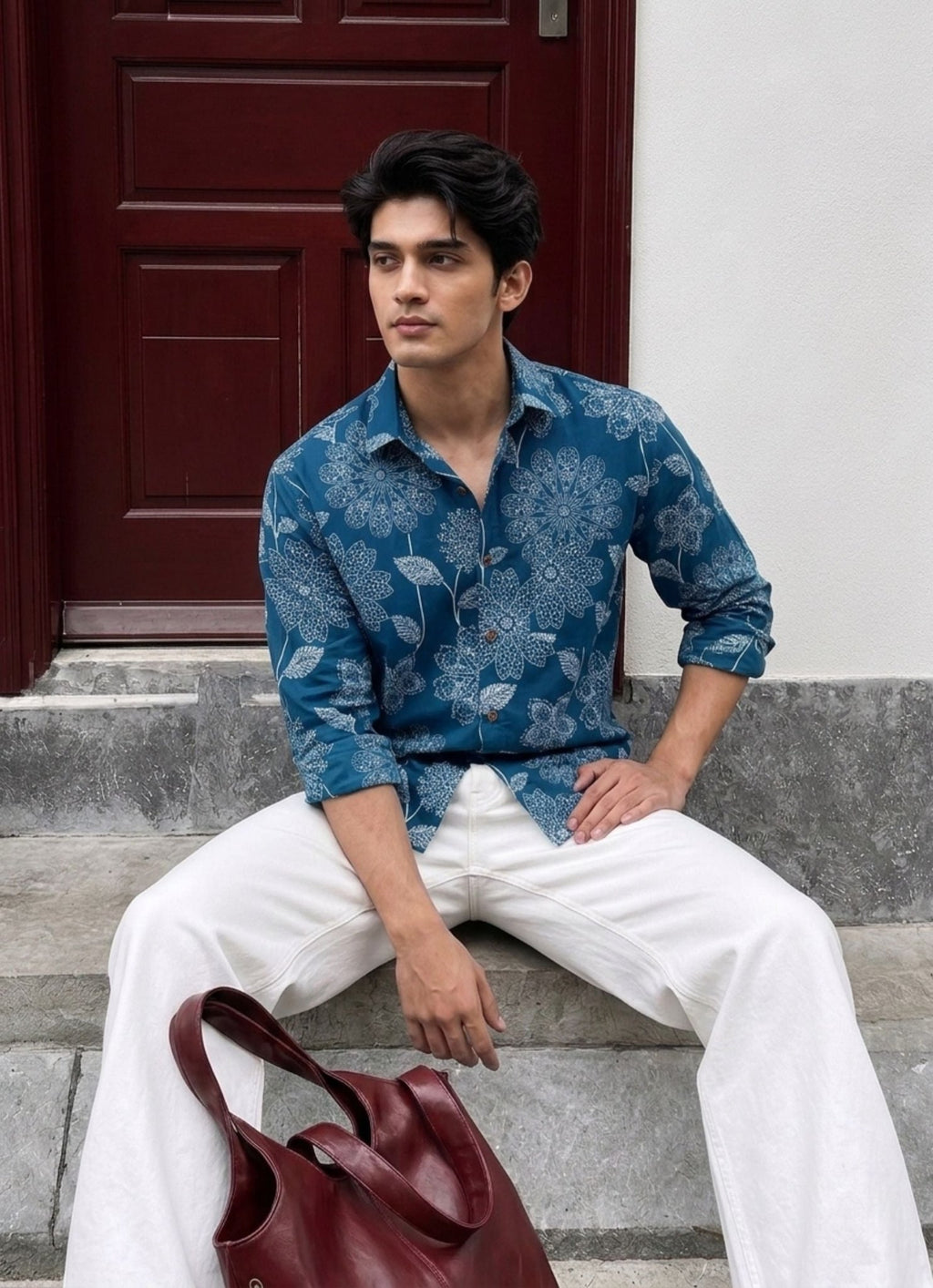 Navy Bloom – Printed Cotton Full Sleeve Shirt - Jaipuri Crown