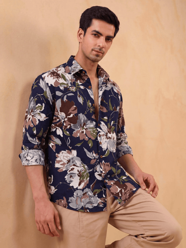 Navy Bloom – Printed Cotton Full Sleeve Shirt - Jaipuri Crown