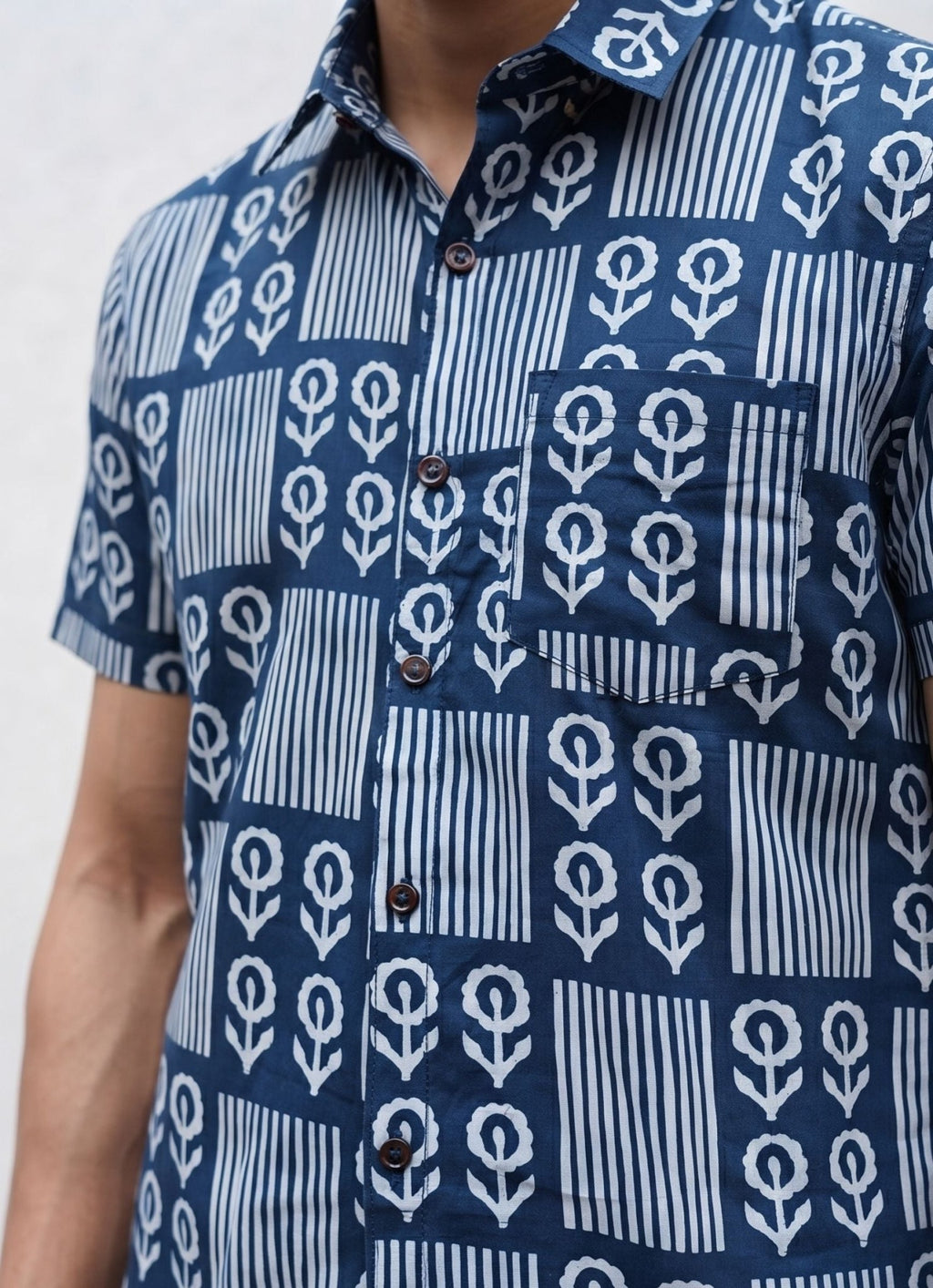 Navy Blooms – Cotton Half Sleeve Shirt - Jaipuri Crown