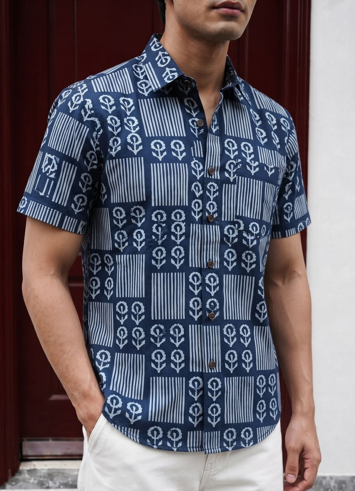 Navy Blooms – Cotton Half Sleeve Shirt - Jaipuri Crown
