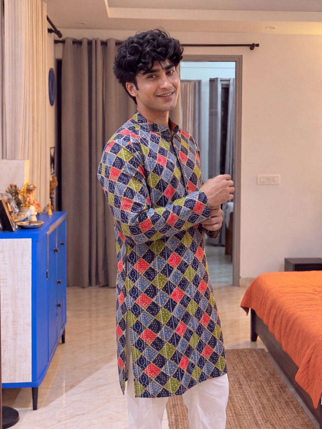 Navy Blue Diamond Print – Cotton Plan Long Kurta - Jaipuri Crown