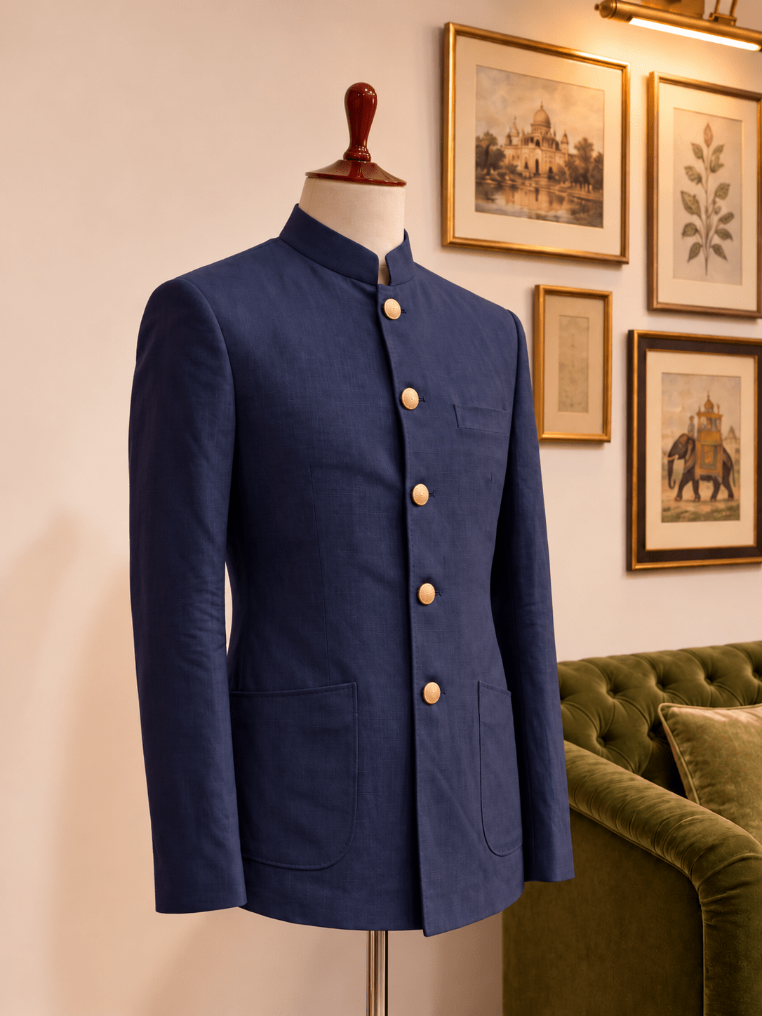 Navy Blue Linen Jodhpuri Bandhgala for Men - Jaipuri Crown