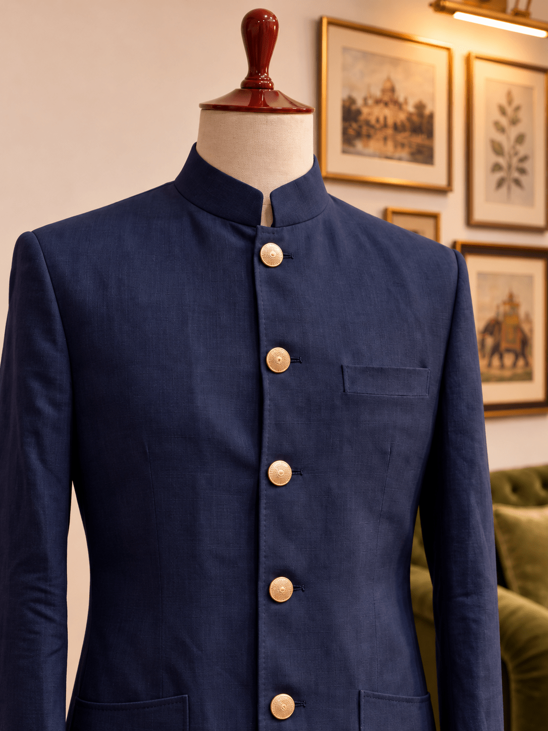 Navy Blue Linen Jodhpuri Bandhgala for Men - Jaipuri Crown