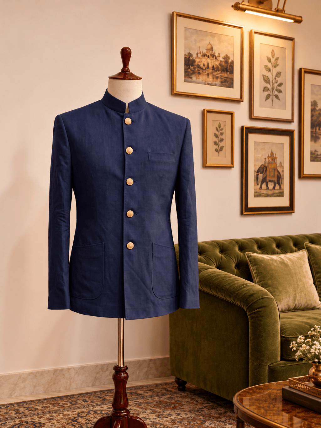 Navy Blue Linen Jodhpuri Bandhgala for Men - Jaipuri Crown