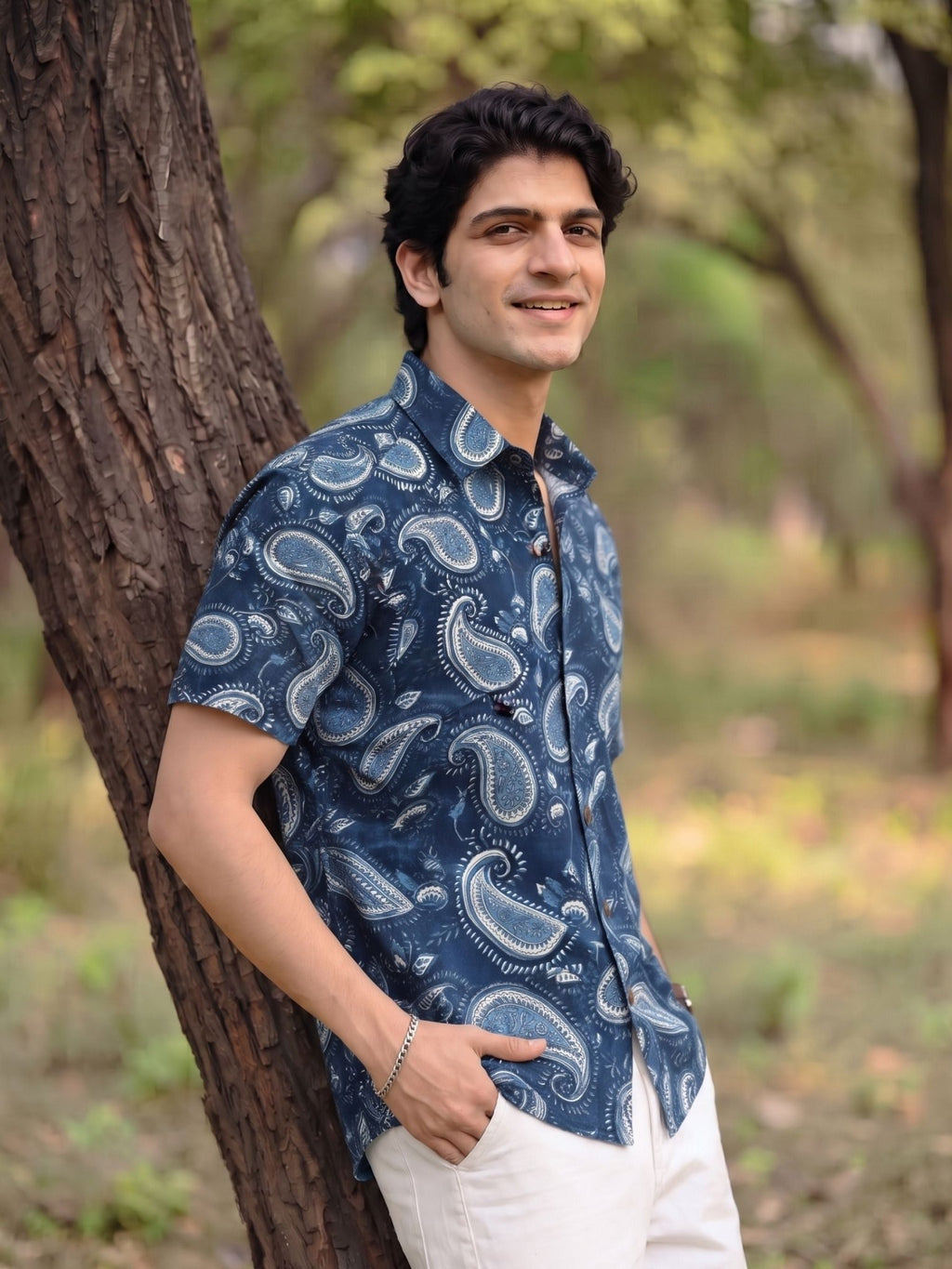 Navy Charm – Printed Cotton Half Sleeve Shirt - Jaipuri Crown