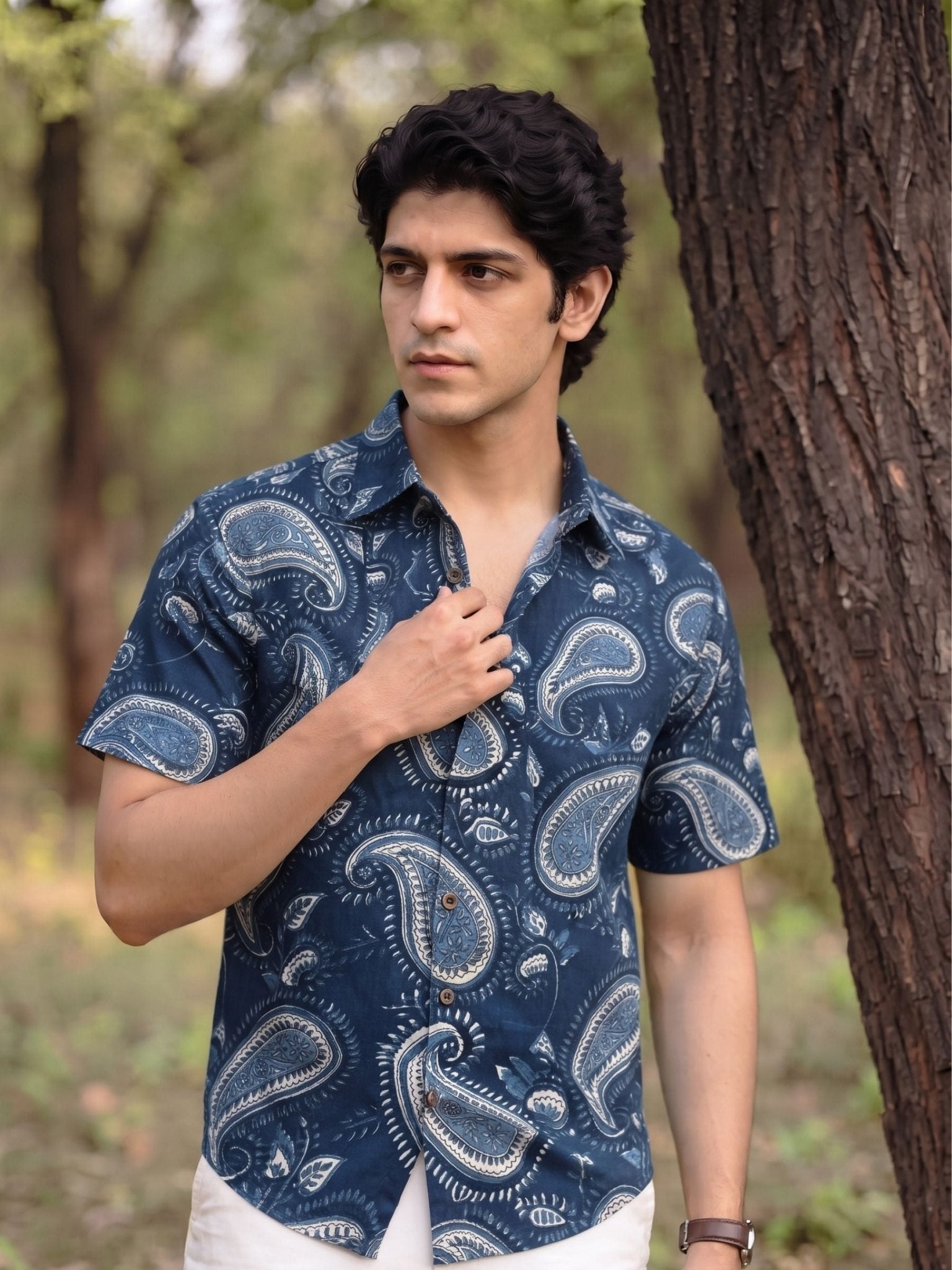 Navy Charm – Printed Cotton Half Sleeve Shirt - Jaipuri Crown