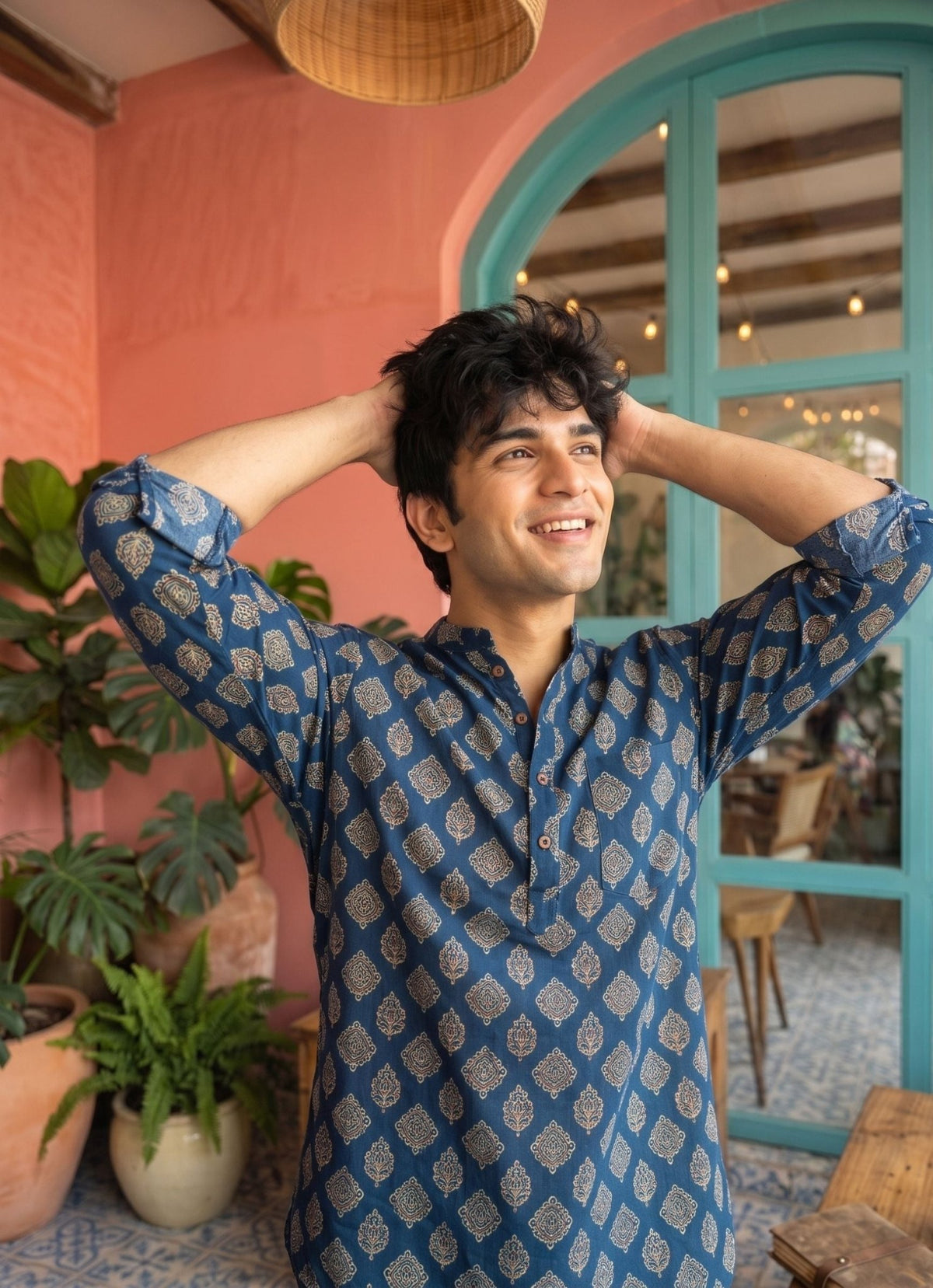 Navy Charm – Printed Cotton Short Kurta - Jaipuri Crown