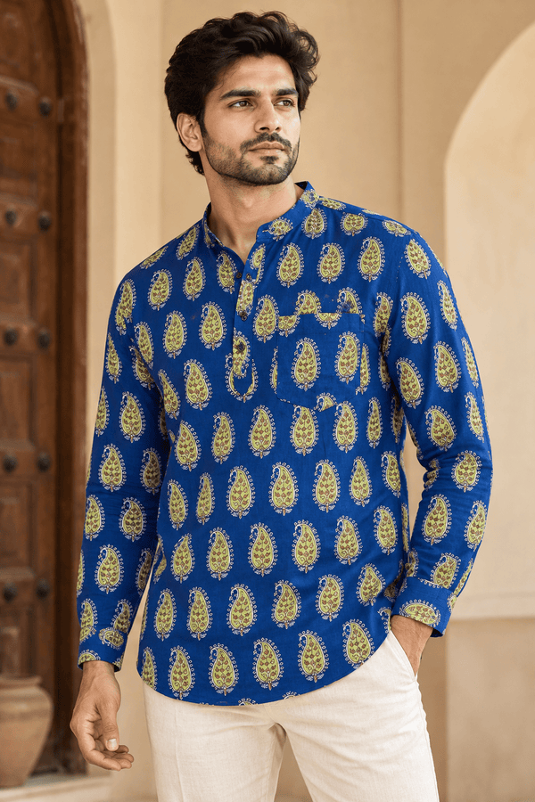 Navy Charm – Printed Cotton Short Kurta - Jaipuri Crown