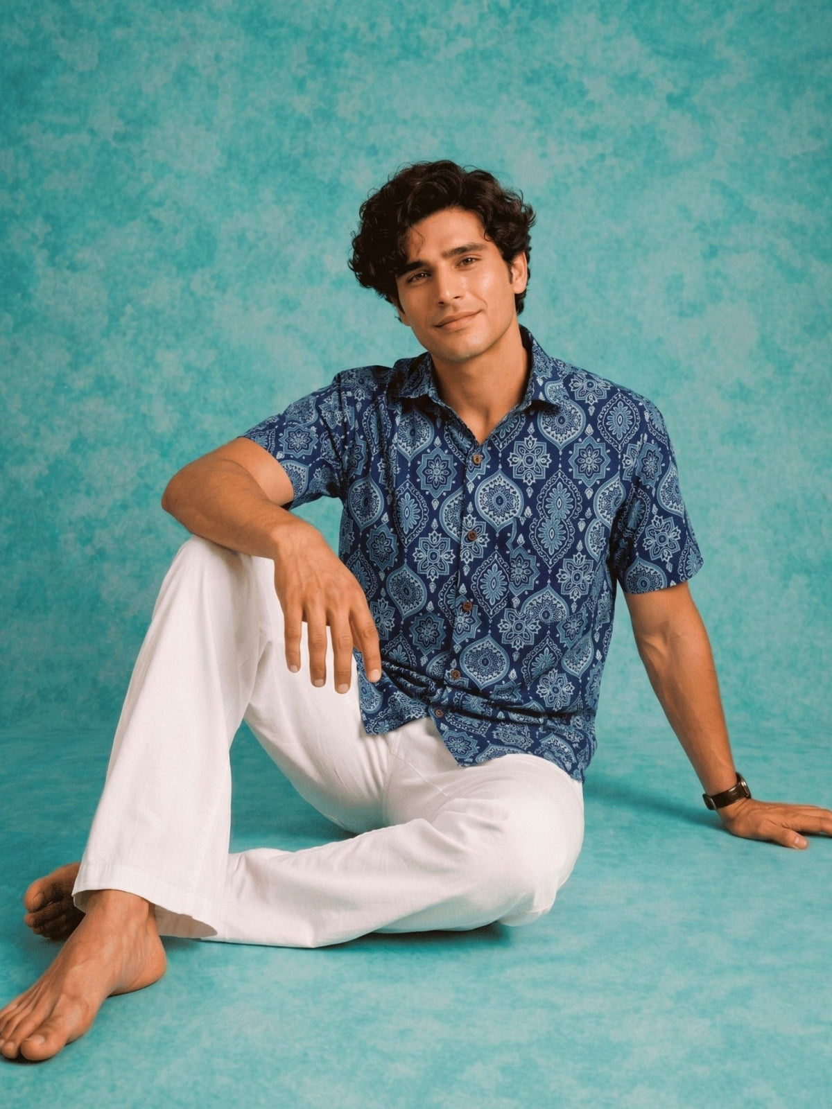 Navy Elegance – Printed Cotton Half Sleeve Shirt - Jaipuri Crown