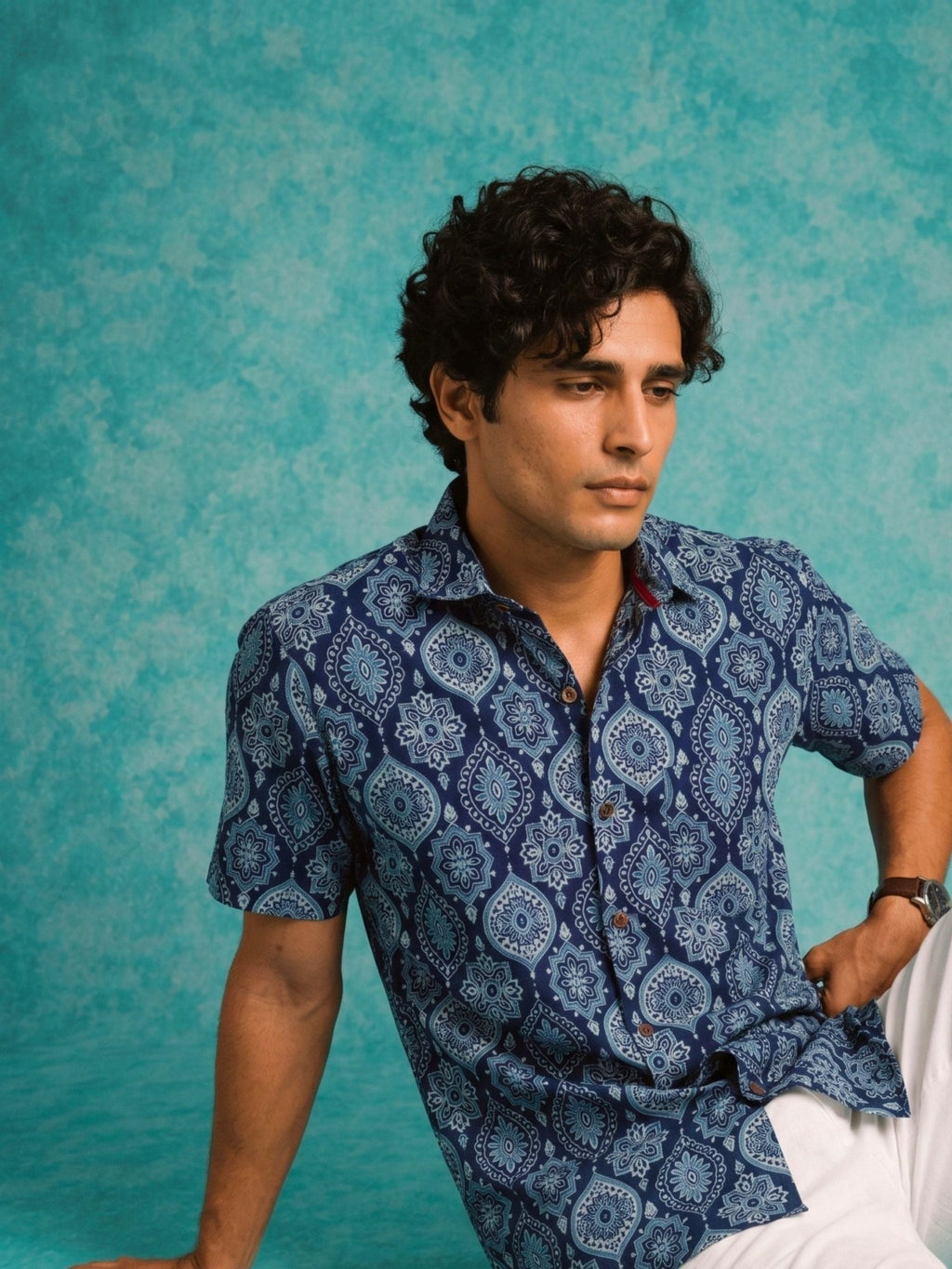 Navy Elegance – Printed Cotton Half Sleeve Shirt - Jaipuri Crown