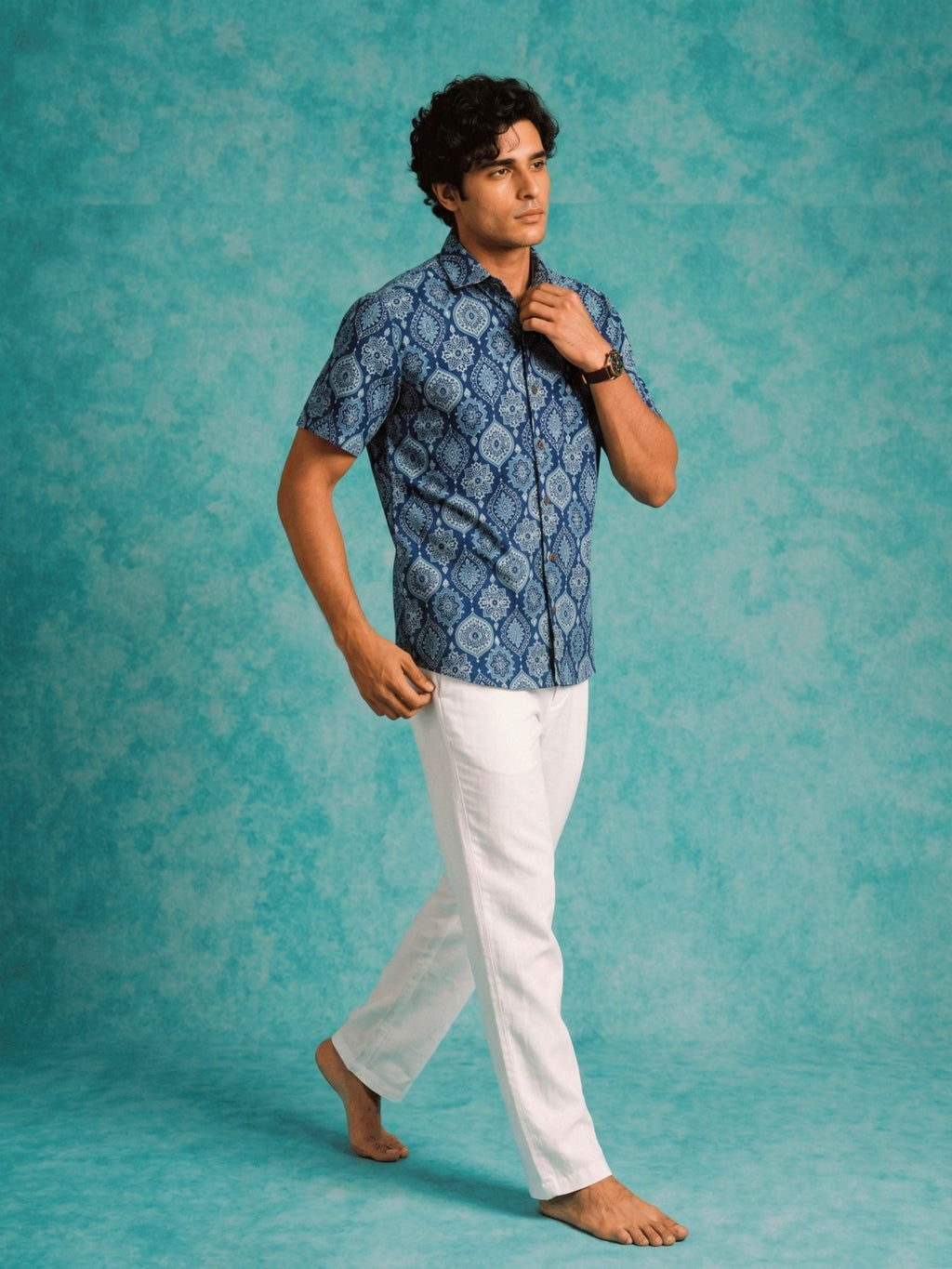 Navy Elegance – Printed Cotton Half Sleeve Shirt - Jaipuri Crown
