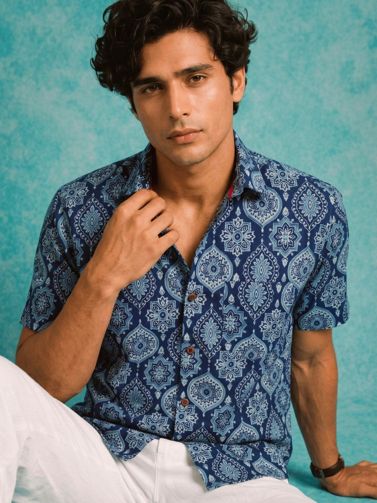 Navy Elegance – Printed Cotton Half Sleeve Shirt - Jaipuri Crown