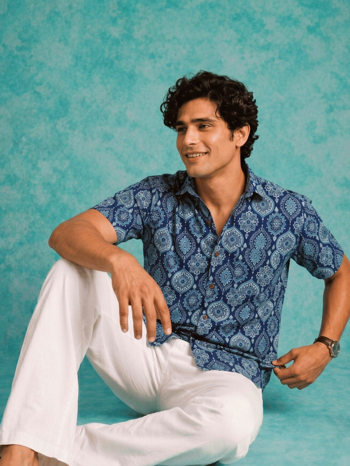 Navy Elegance – Printed Cotton Half Sleeve Shirt - Jaipuri Crown