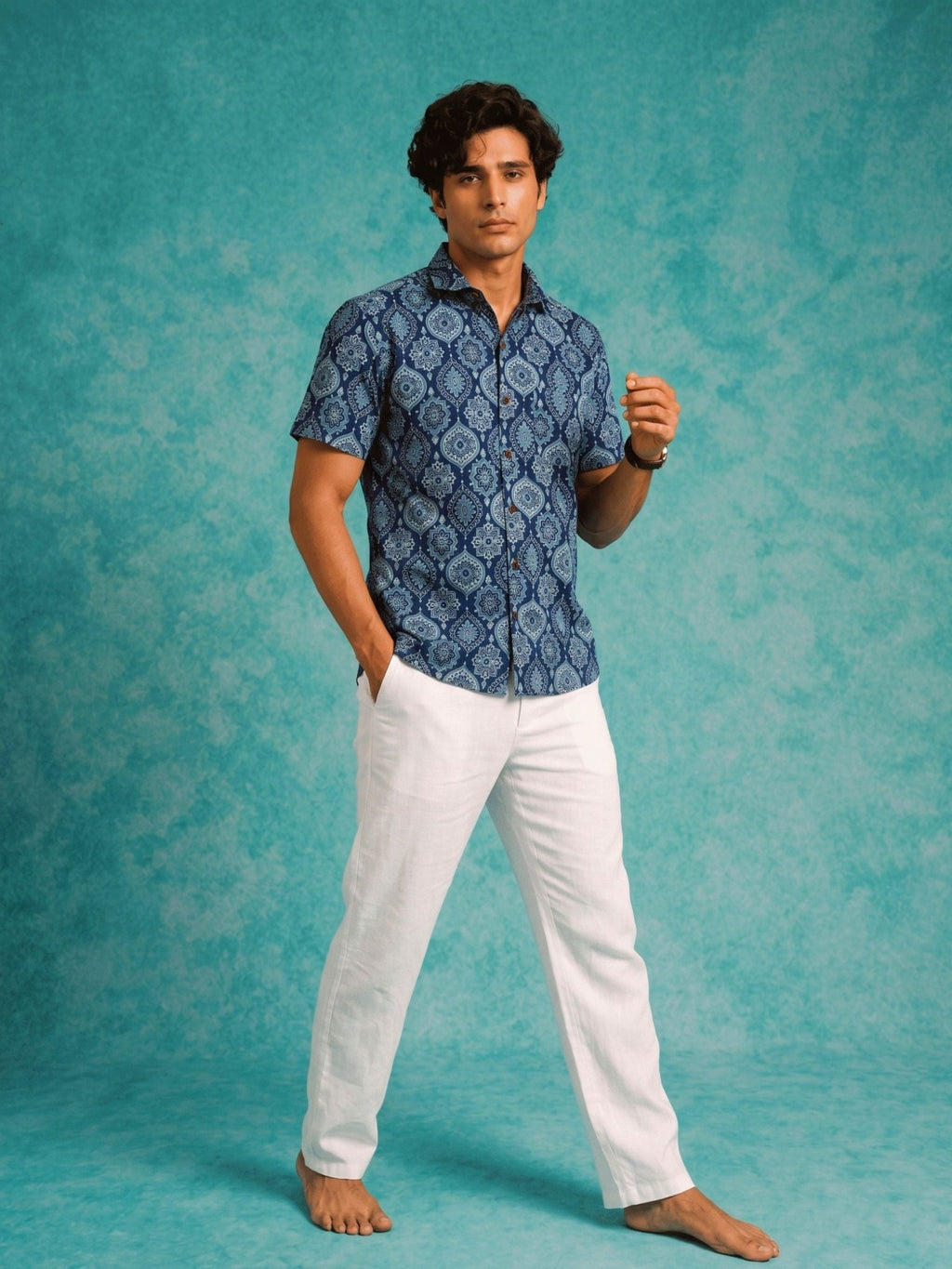 Navy Elegance – Printed Cotton Half Sleeve Shirt - Jaipuri Crown