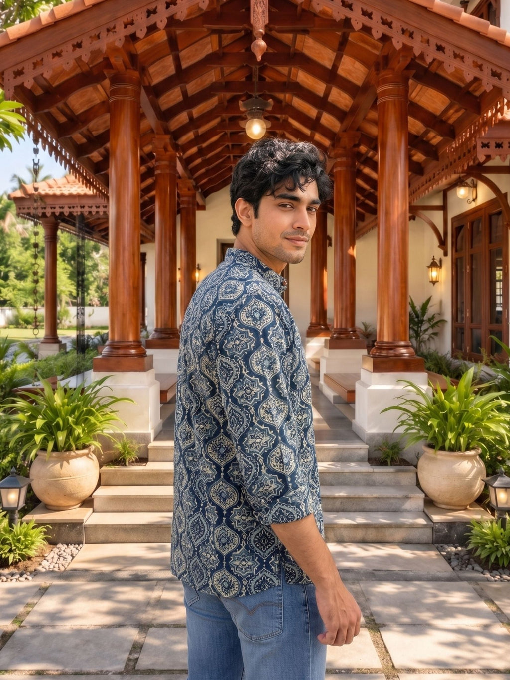 Navy Elegance – Printed Cotton Short Kurta - Jaipuri Crown