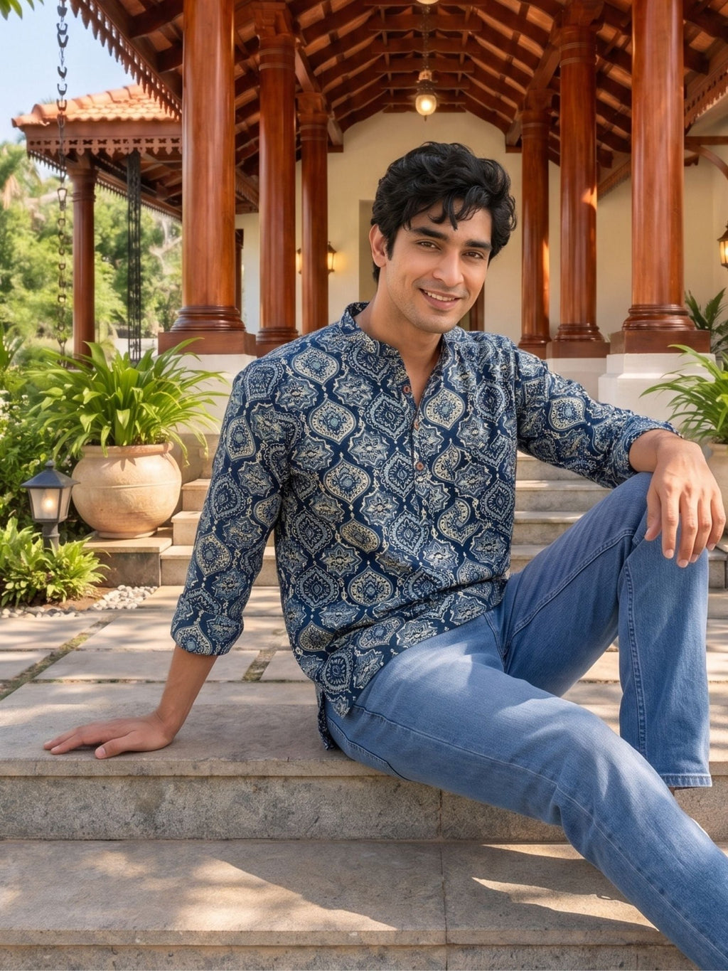 Navy Elegance – Printed Cotton Short Kurta - Jaipuri Crown
