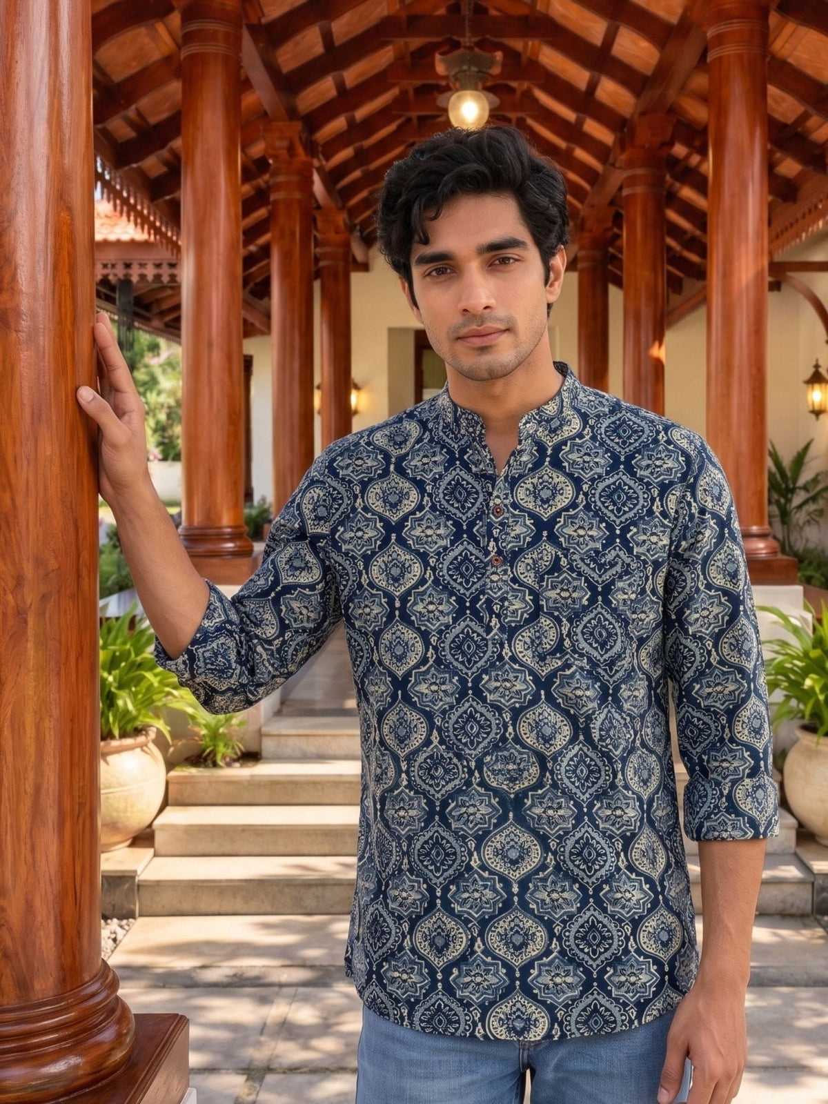 Navy Elegance – Printed Cotton Short Kurta - Jaipuri Crown