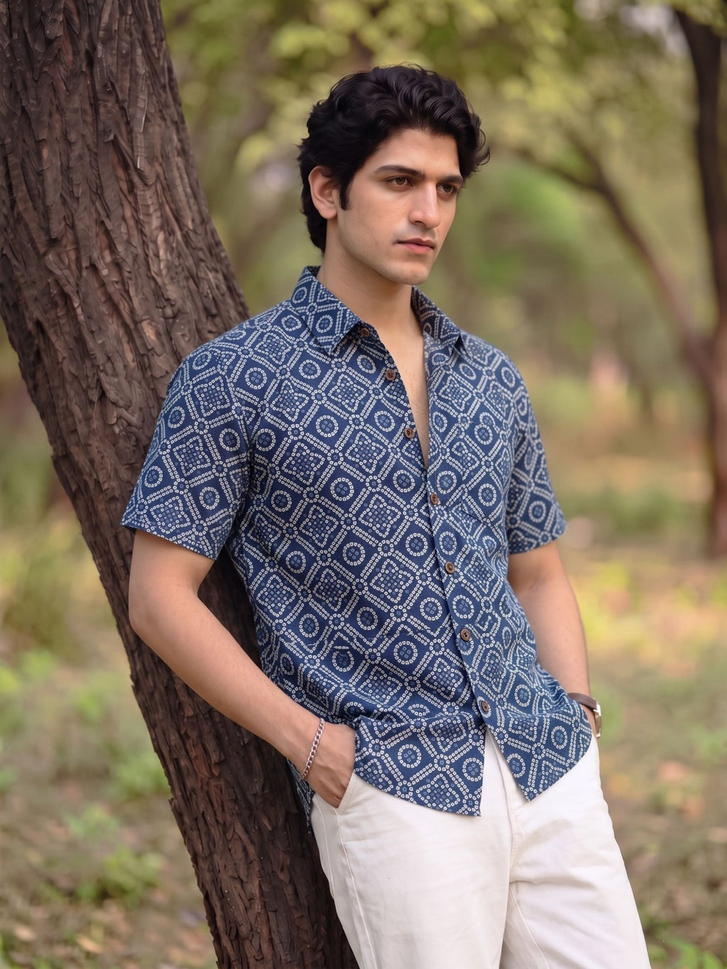 Navy Fusion – Half Sleeve Printed Cotton Shirt - Jaipuri Crown