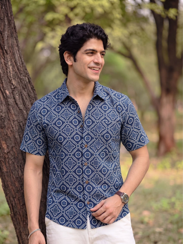 Navy Fusion – Half Sleeve Printed Cotton Shirt - Jaipuri Crown