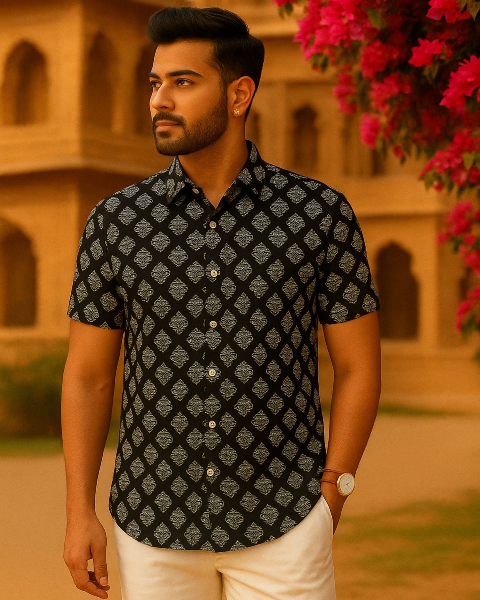 Noir Buta – Half Sleeve Cotton Shirt - Jaipuri Crown