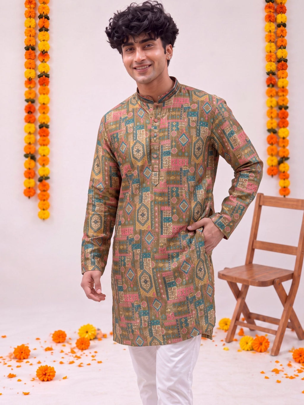 Olive Green Geometric Ikat – Printed Long Kurta - Jaipuri Crown