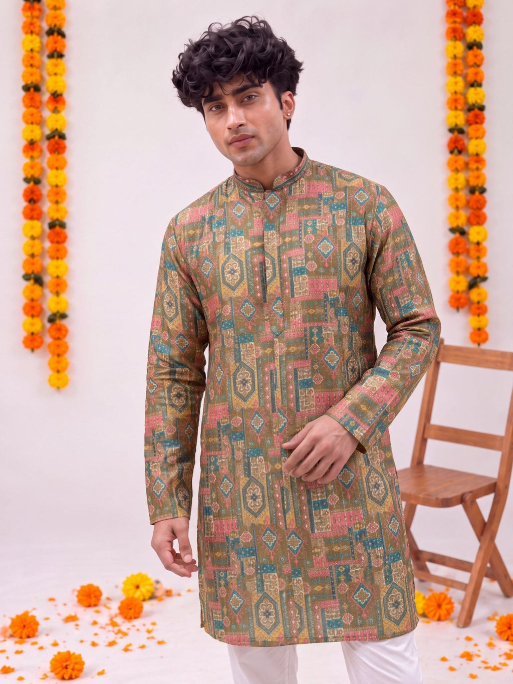 Olive Green Geometric Ikat – Printed Long Kurta - Jaipuri Crown