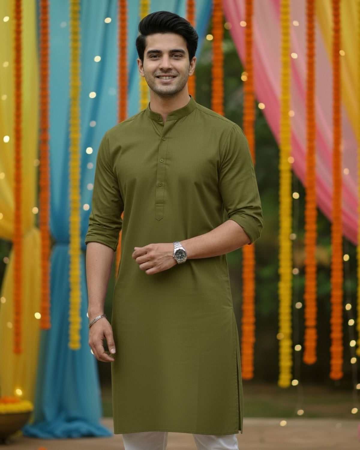 Olive Grove – Solid Green Full Sleeve Kurta - Jaipuri Crown