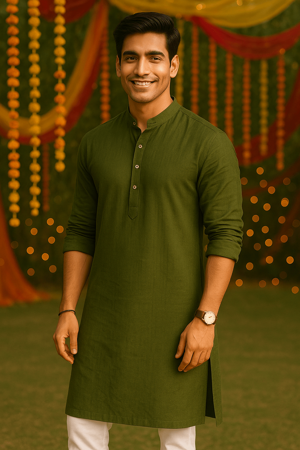 Olive Grove – Solid Green Full Sleeve Kurta - Jaipuri Crown