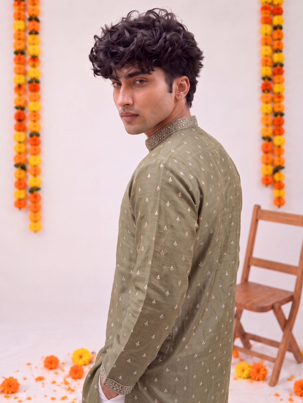 Olive Zari Work – Textured Designer Long Kurta - Jaipuri Crown