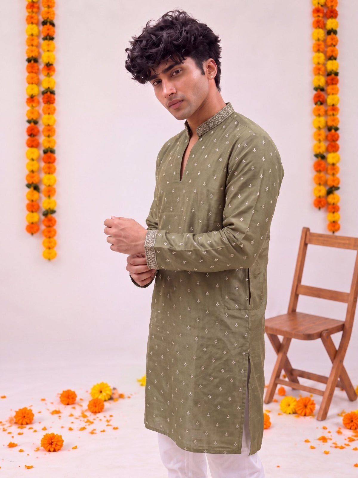 Olive Zari Work – Textured Designer Long Kurta - Jaipuri Crown