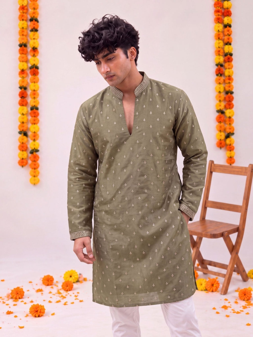 Olive Zari Work – Textured Designer Long Kurta - Jaipuri Crown