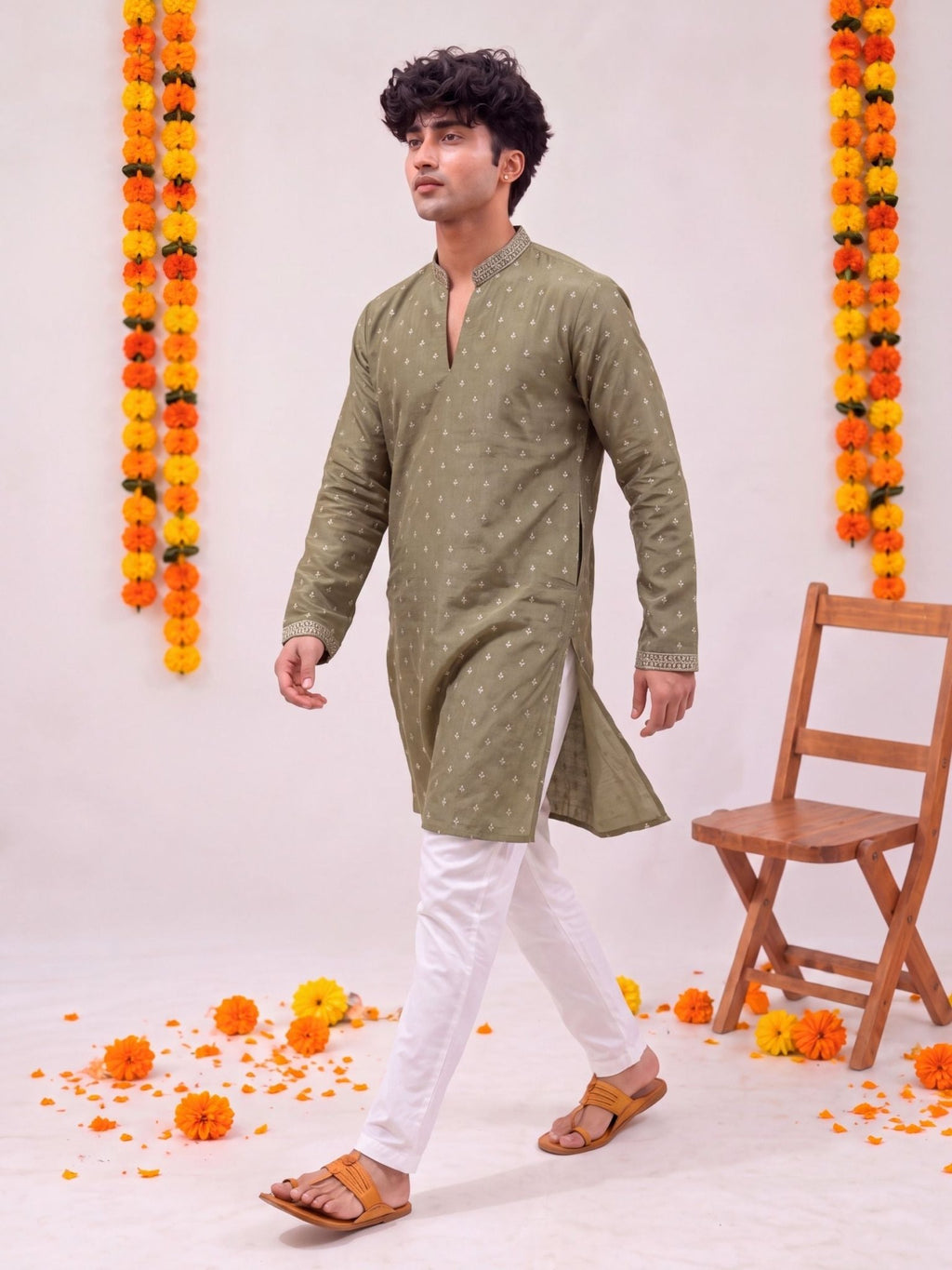 Olive Zari Work – Textured Designer Long Kurta - Jaipuri Crown