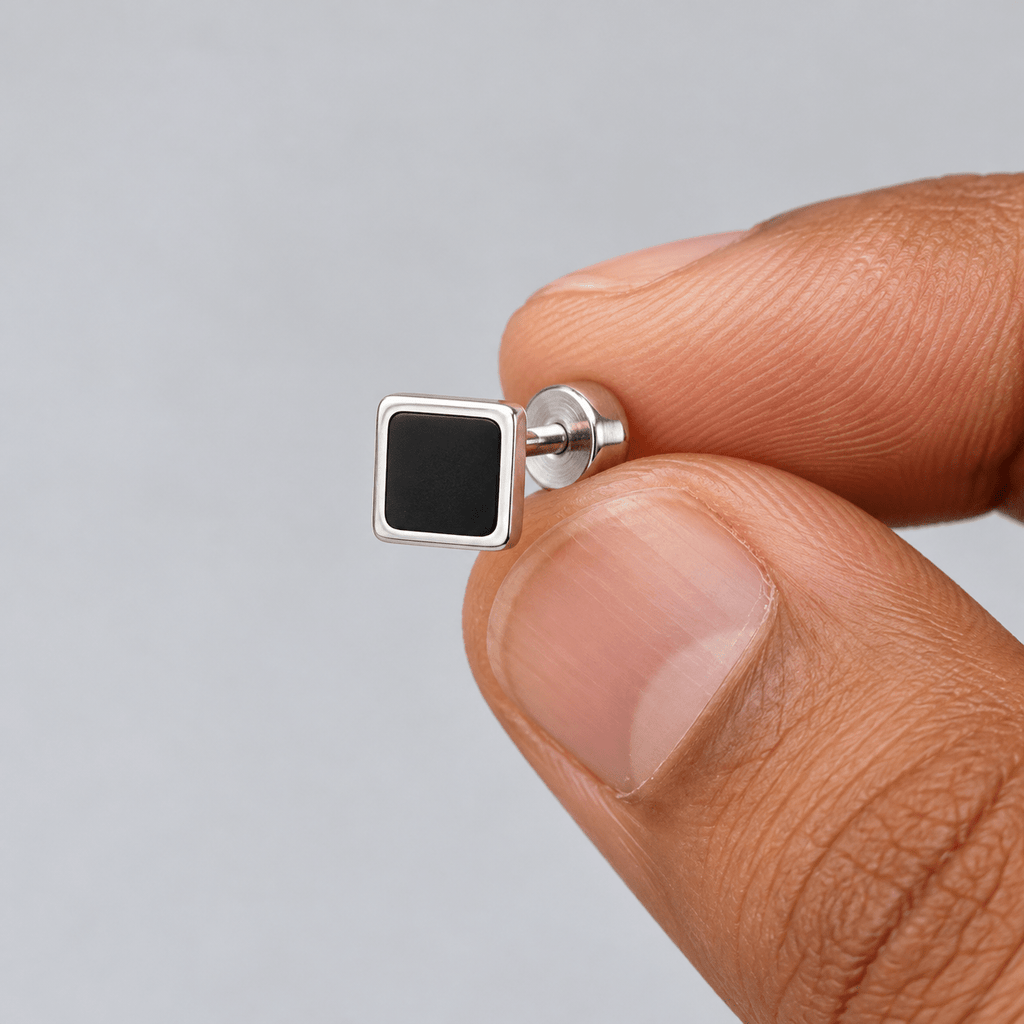 Onyx Edge Silver Stud Earring - Men's Jewellery - Jaipuri Crown