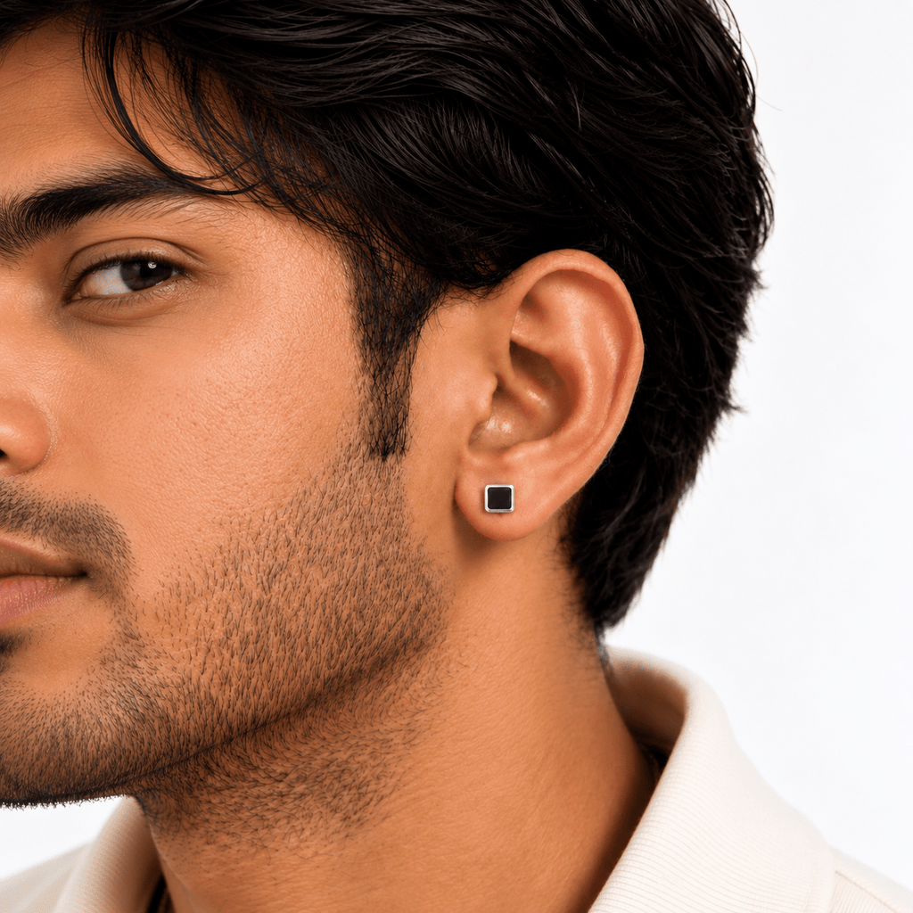 Onyx Edge Silver Stud Earring - Men's Jewellery - Jaipuri Crown