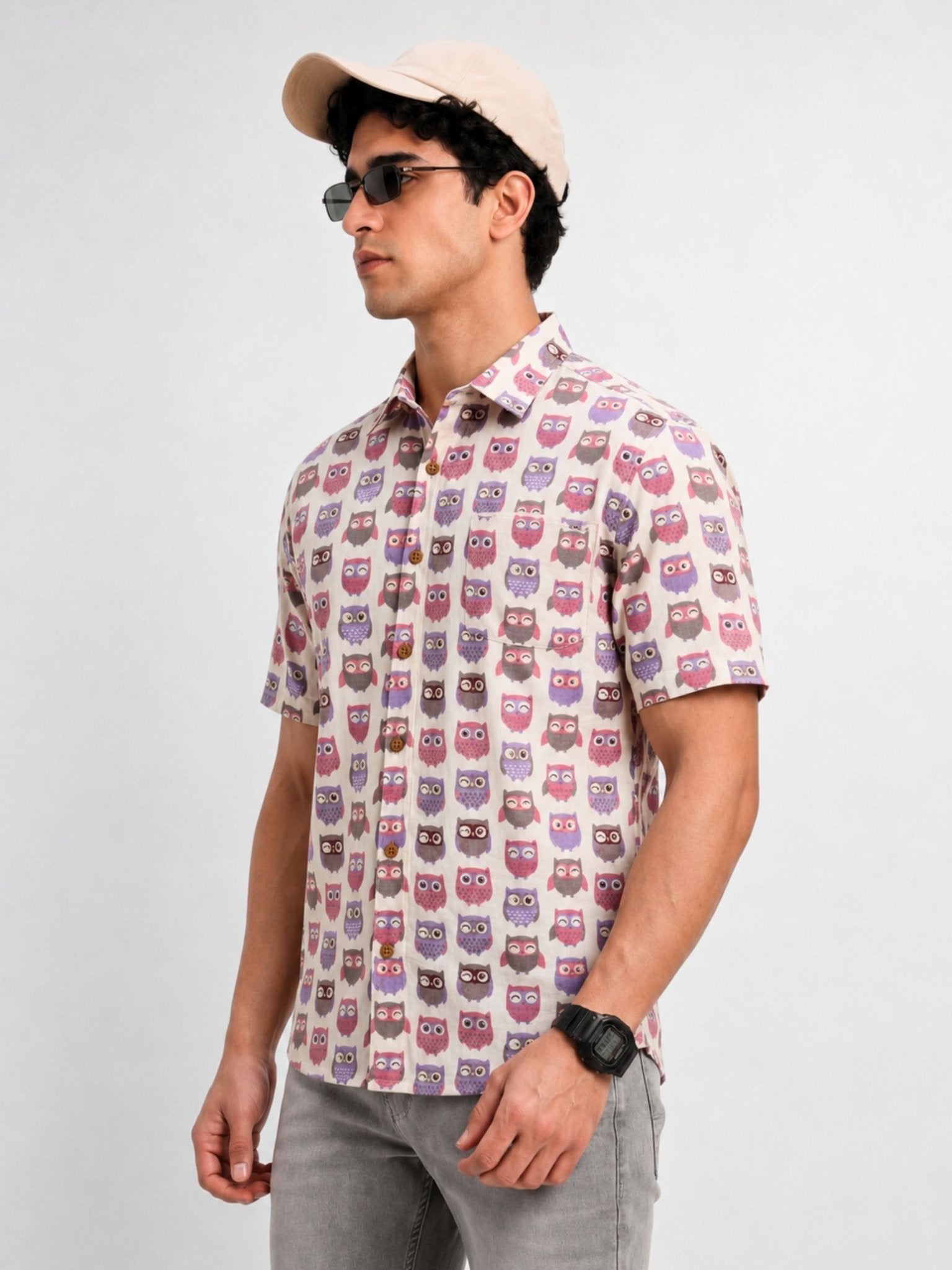 Owl Delight – Printed Cotton Half Sleeve Shirt - Jaipuri Crown