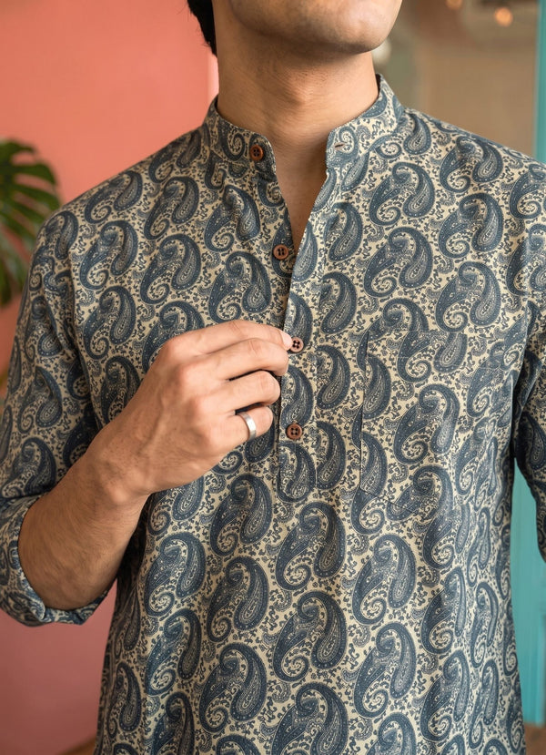 Paisley Dreams – Men's Printed Cotton Short Kurta - Jaipuri Crown