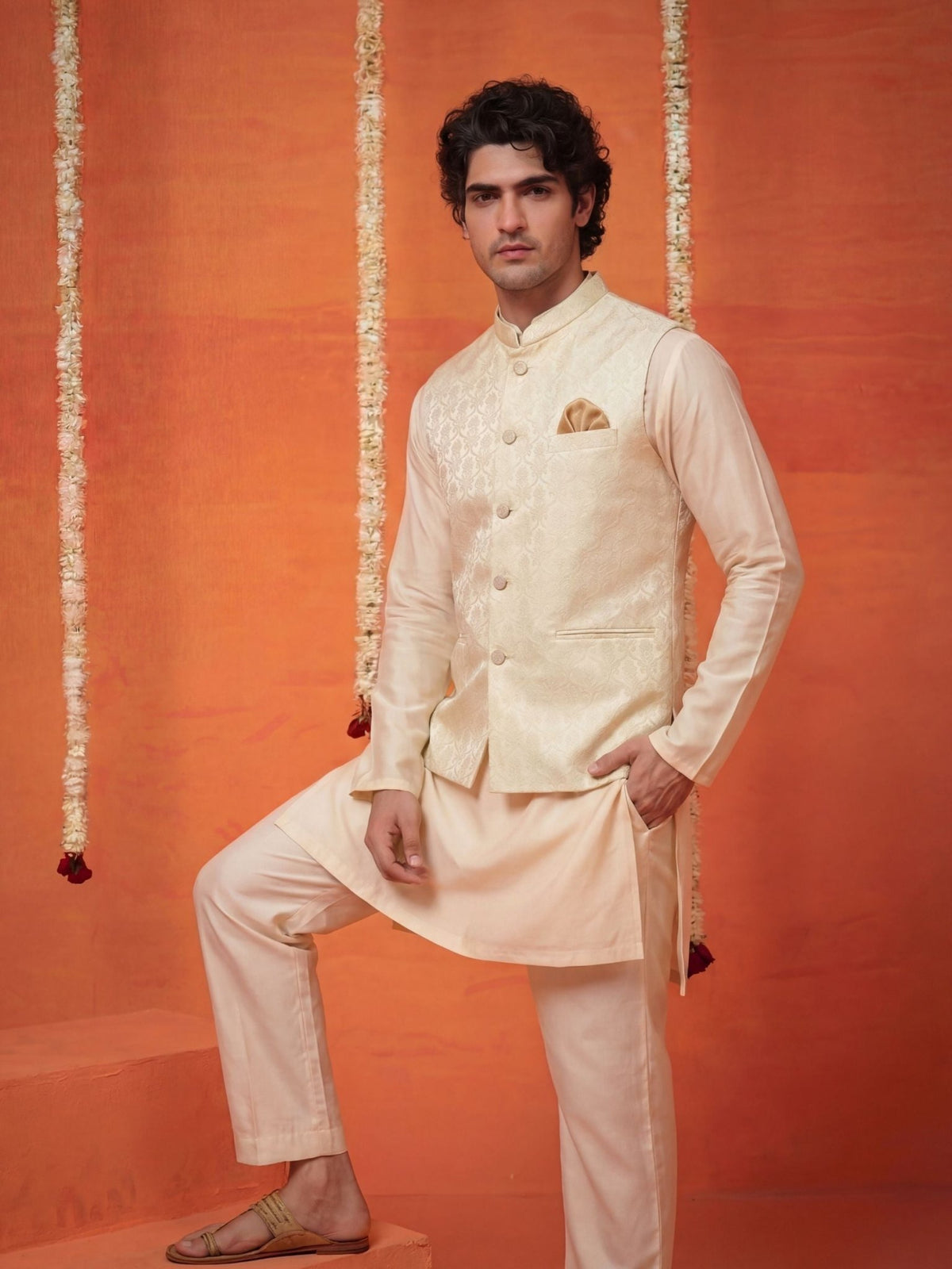 "प्रभा" (Prabha) Ivory Jacquard Koti - Jaipuri Crown