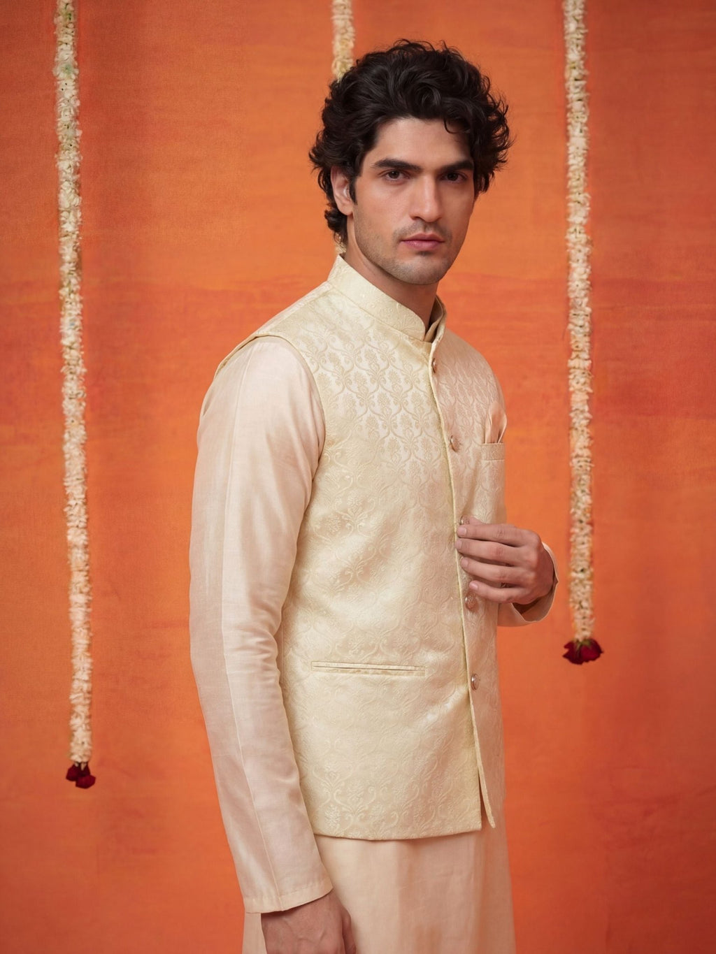 "प्रभा" (Prabha) Ivory Jacquard Koti - Jaipuri Crown