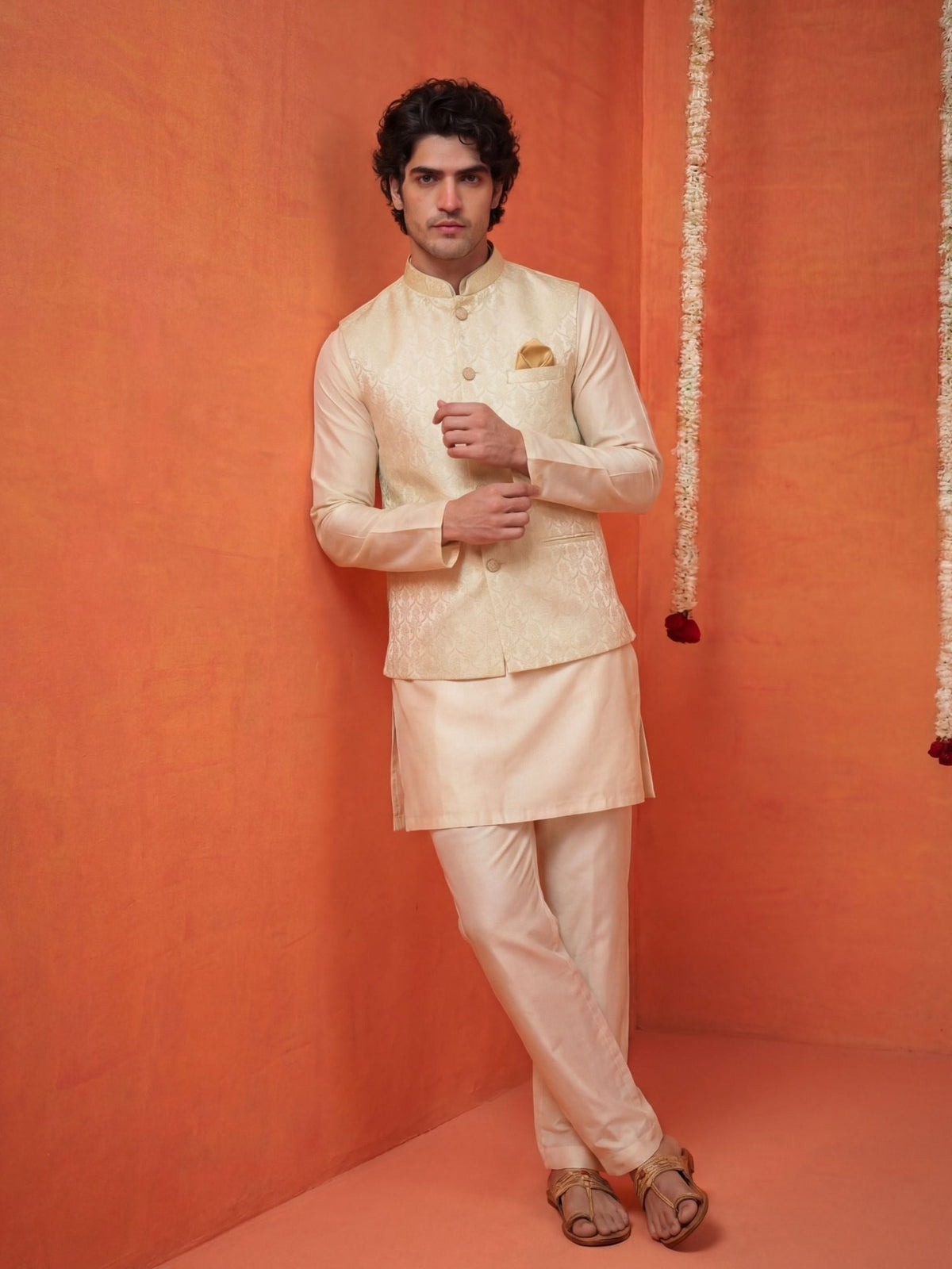 "प्रभा" (Prabha) Ivory Jacquard Koti - Jaipuri Crown