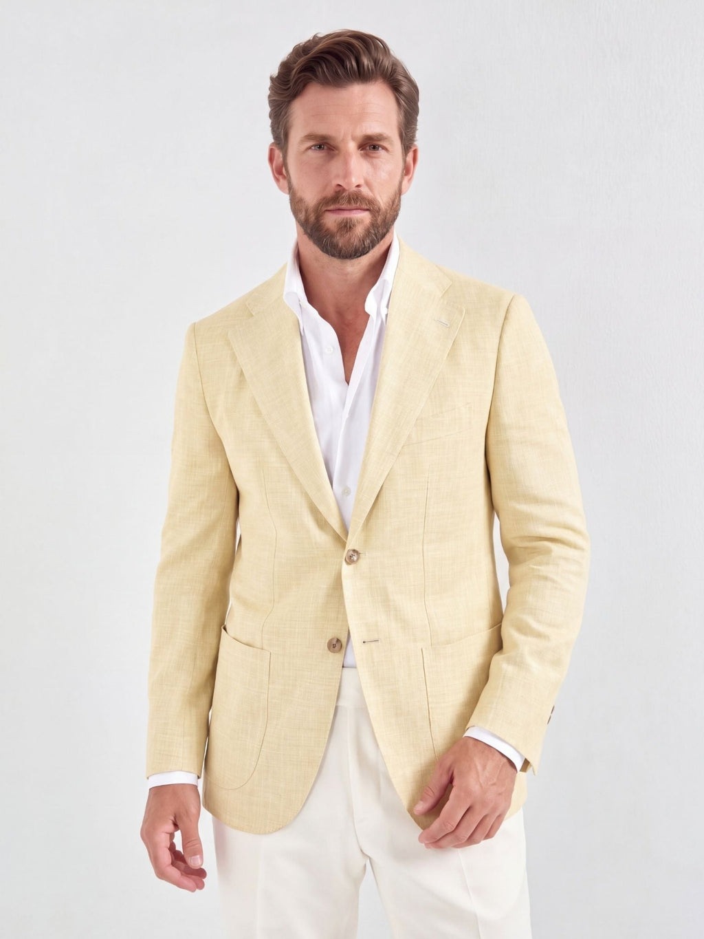 Pastel Yellow Semi Linen Blazer for Men - Jaipuri Crown