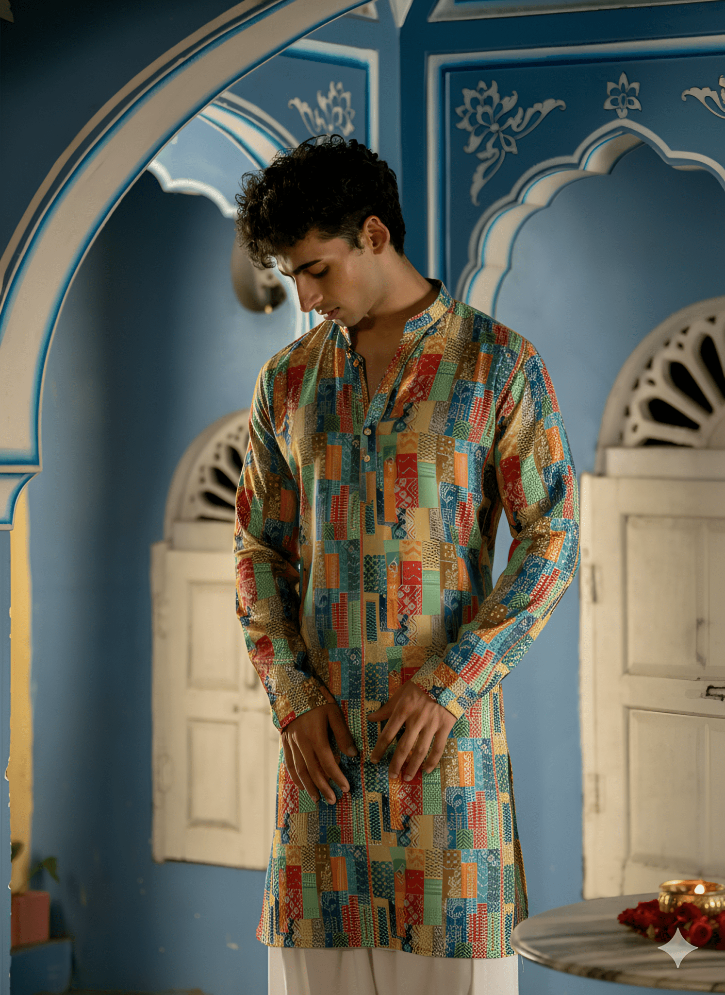 Patchwork Men's Long Kurta with Zari Work - Jaipuri Crown