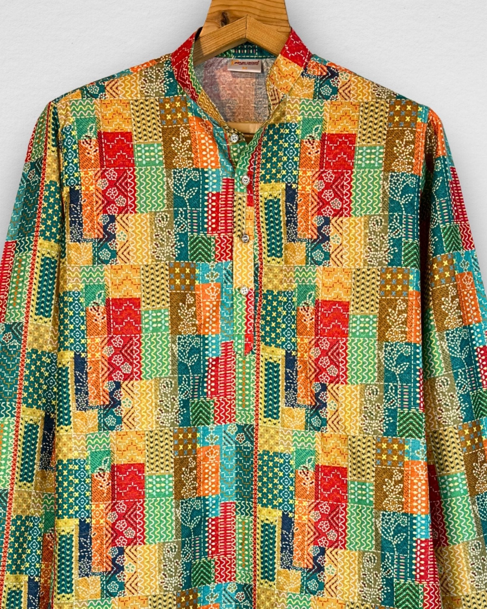 Patchwork Men's Long Kurta with Zari Work - Jaipuri Crown