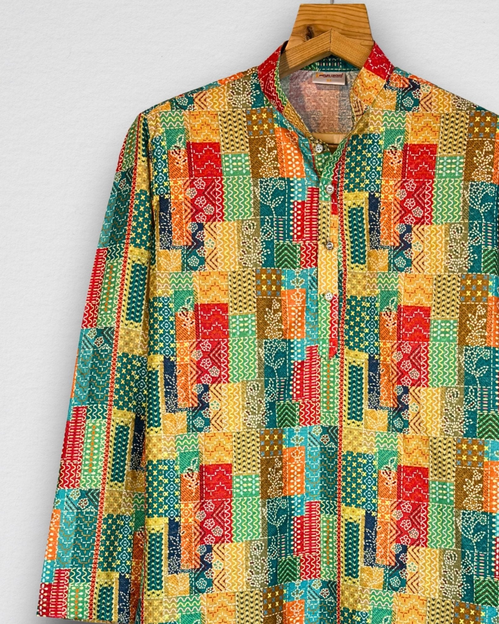 Patchwork Men's Long Kurta with Zari Work - Jaipuri Crown