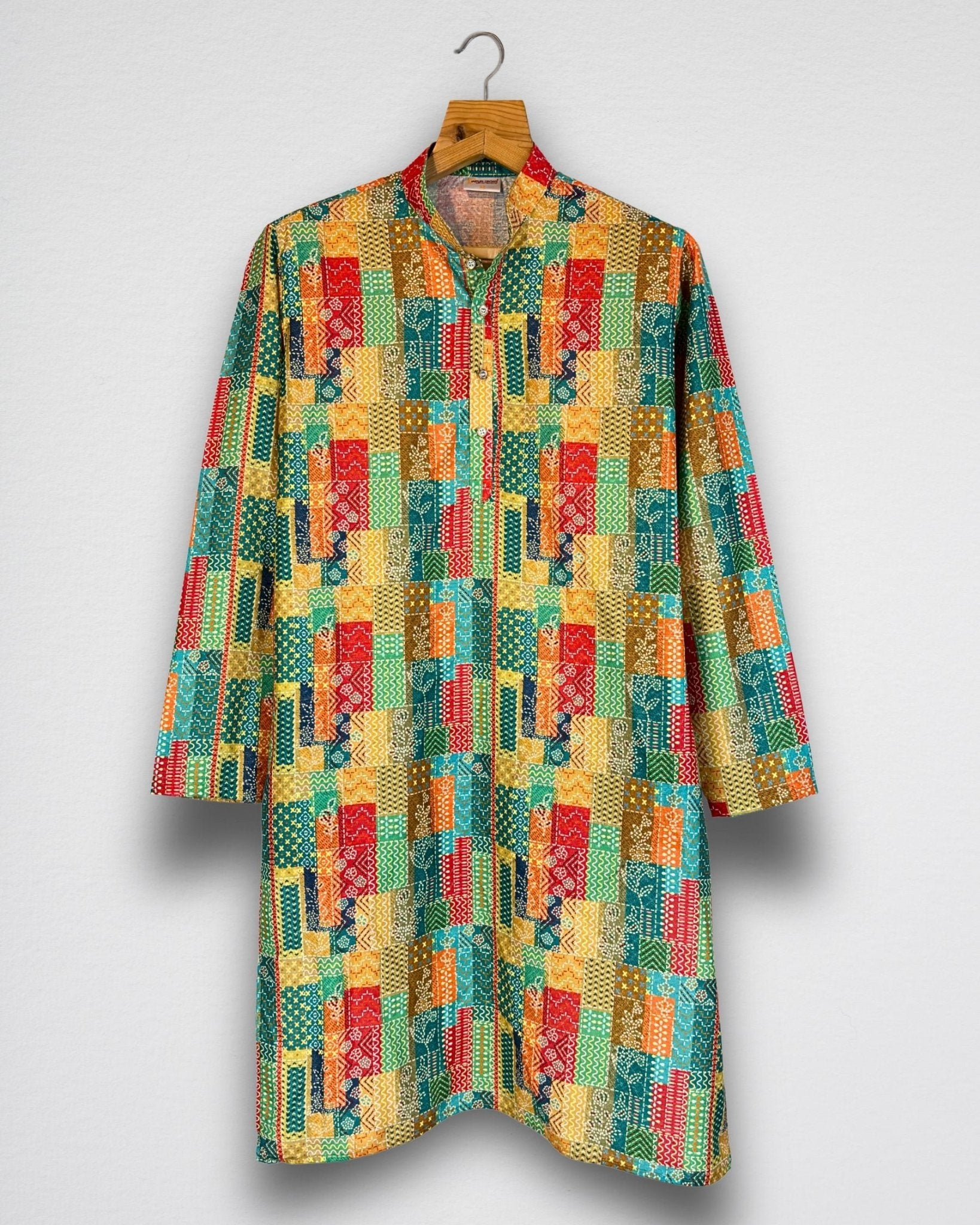 Patchwork Men's Long Kurta with Zari Work - Jaipuri Crown