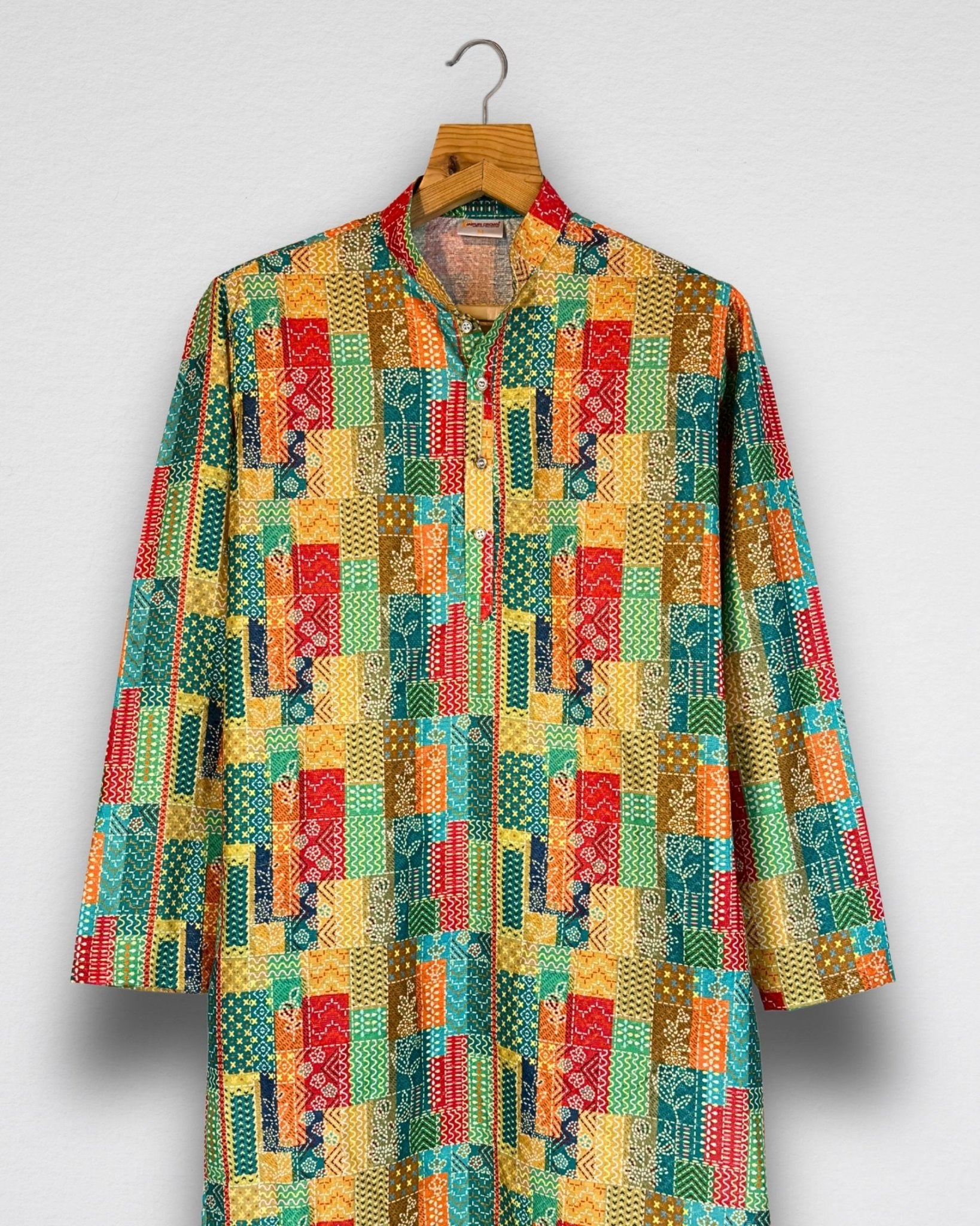 Patchwork Men's Long Kurta with Zari Work - Jaipuri Crown